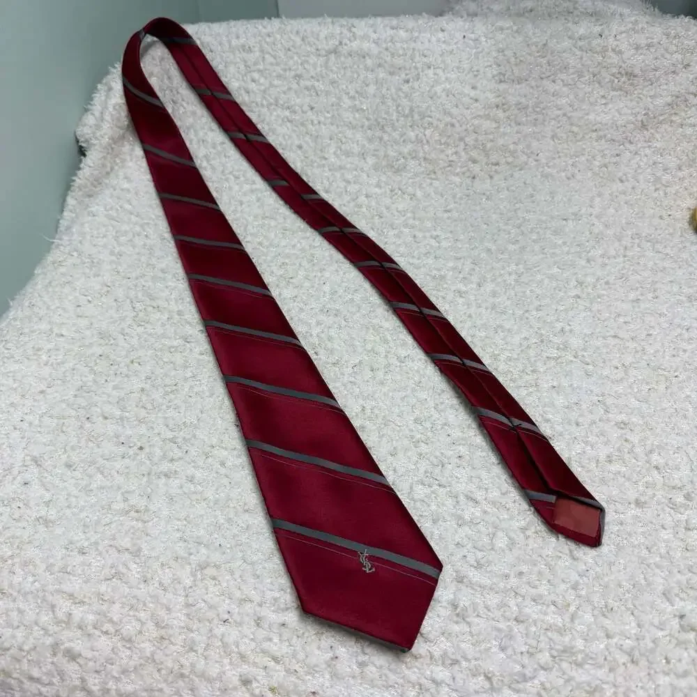 Yves Saint Laurent YSL Vintage Men's Burgundy & Grey Striped Silk Necktie Tie